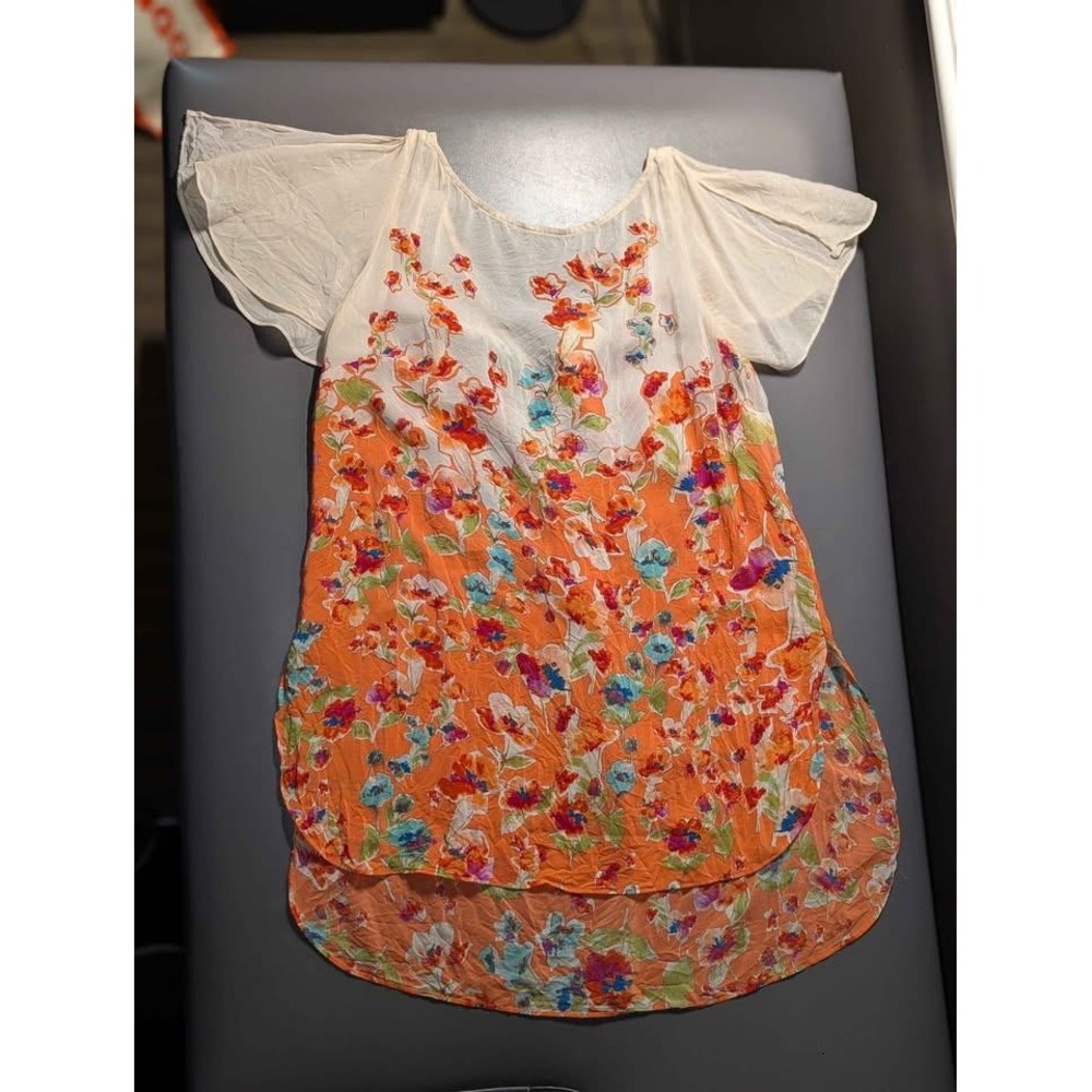 Maeve Anthropologie Silk Floral Tunic Top XS Orange Sheer Flutter